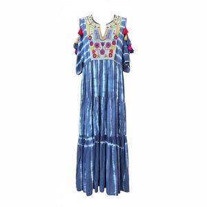 Ivy Jane Bohemian Blue Tye Dye Maxi Dress with Embroidered Details size medium